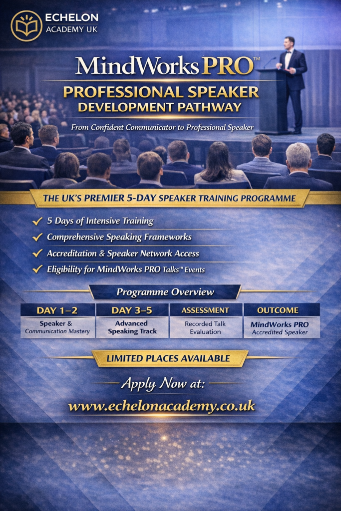 a five-day professional speaker development journey that equips participants with the ability to design, structure and deliver compelling talks with clarity, authority and presence.