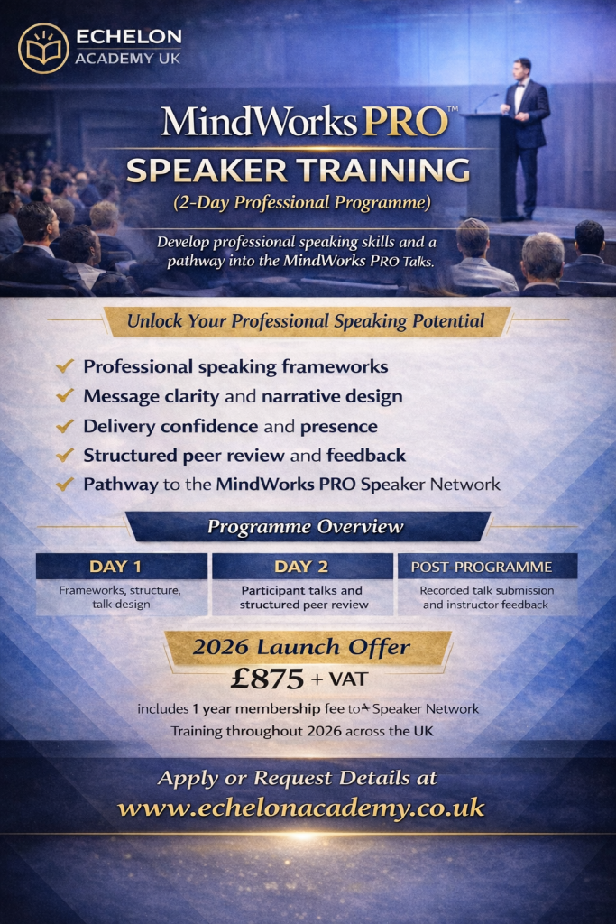 MindworksPro-Speaker-Training-2day-flyer - Echelon Academy UK 2 day speaker training by mindworks pro instructors at echelon academy UK