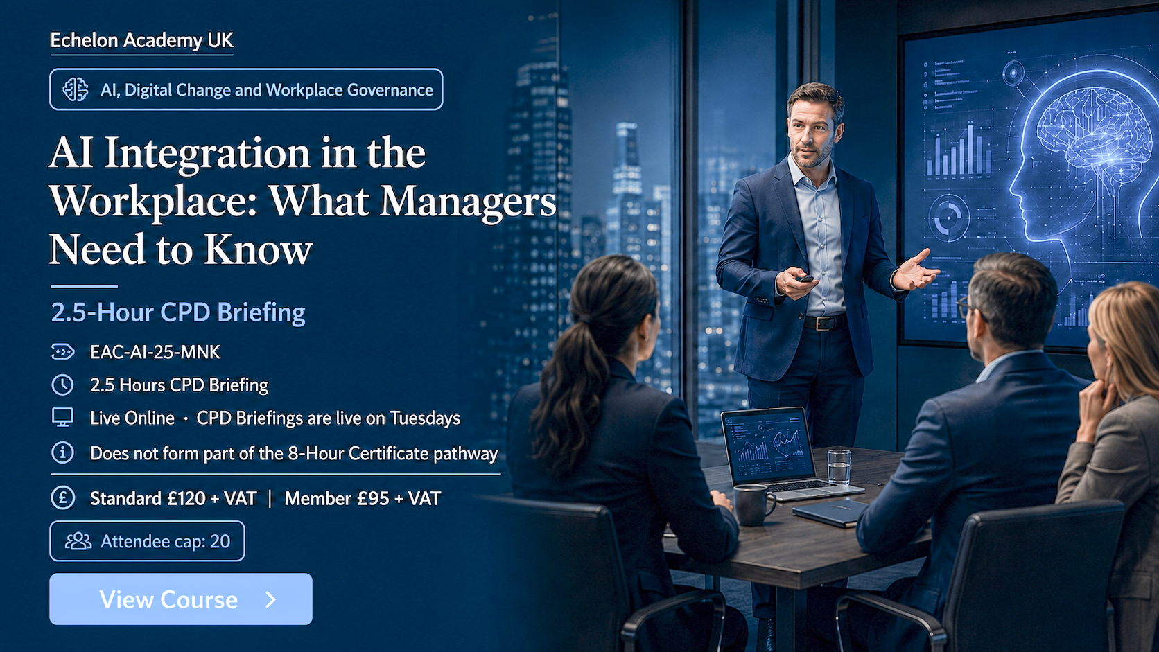 Promotional banner for AI Integration in the Workplace course by Echelon Academy UK, with a 'View Course' button.
